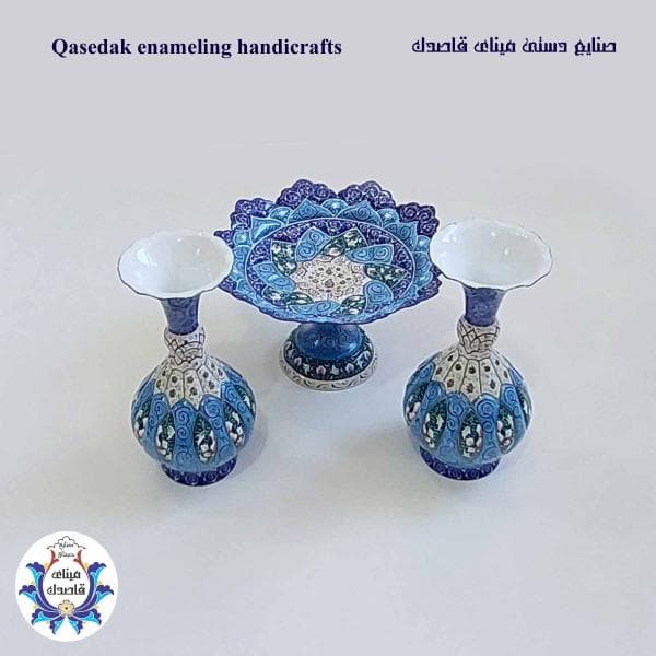 ست گلدان و بشقاب پایه دار میناکاری ۲۰ سانتیمتری کد ۱