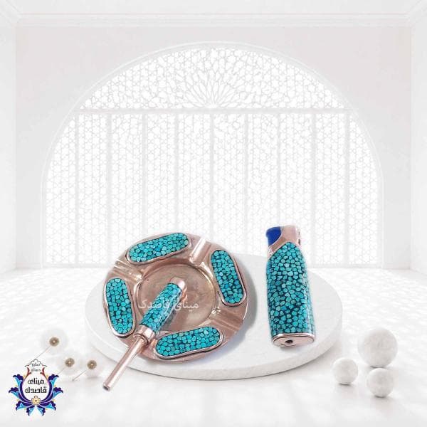 ست زیرسیگاری و نی سیگار و فندک فیروزه‌کوبی کد 1